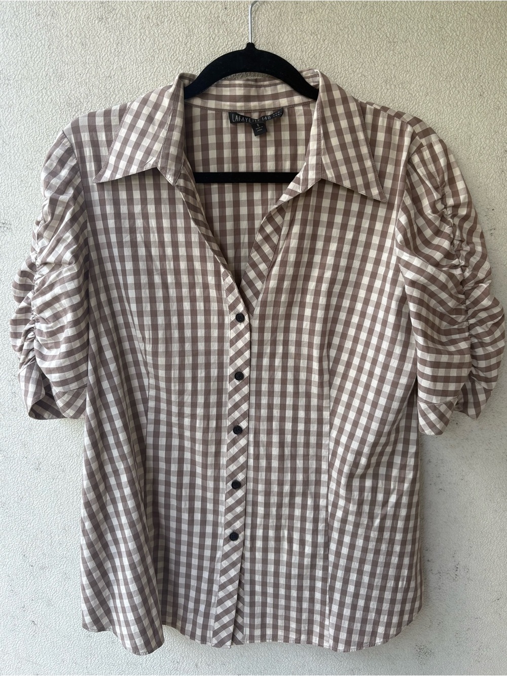 Lafayette 148 Taupe Gingham Ruched Sleeve Button Down Shirt 8